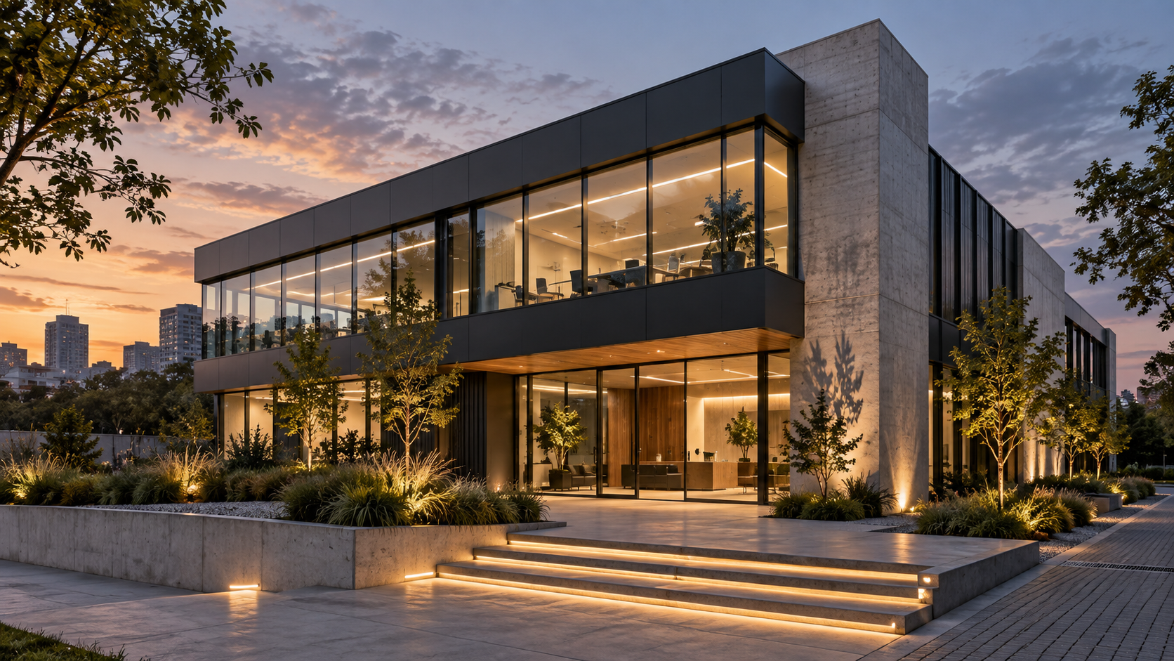 Visualización conceptual de arquitectura comercial con oficinas y espacios abiertos