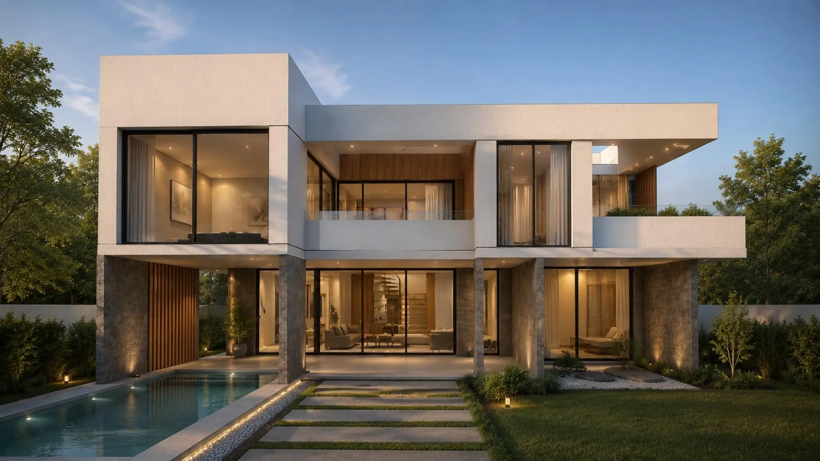 Vivienda premium de dos plantas con piscina al atardecer